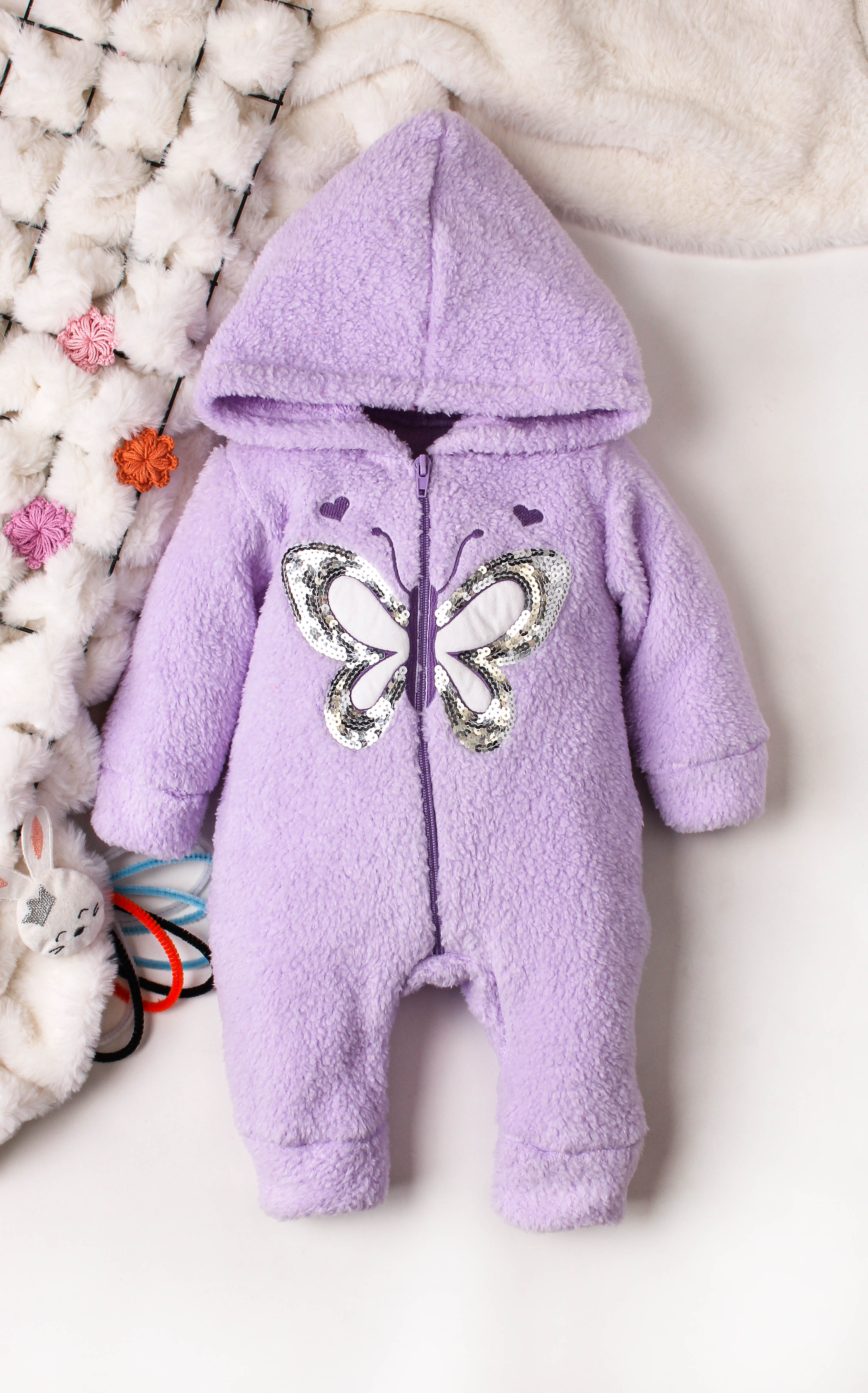 Kız Bebek Simli Kelebek Nakışlı Kapüşonlu Peluş Tulum Fermuarlı 0-12 Ay